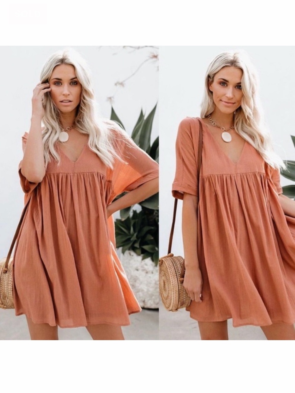 VICI Listicle flowy babydoll v-neck mini dress in rust